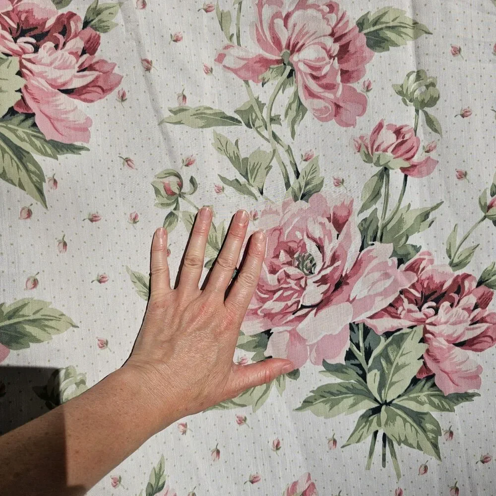 Vintage 1980s Pink Floral Cottagecore Ruffled Curtains Set With Lace Trim